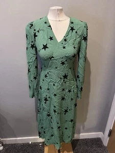 M&S Green And Black Cosmic Star Pattern Wrap Look Ladies Viscose Dress Size 10 - Picture 1 of 4