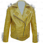 New Men's Punk Yellow Silver Long Spiked Studded Brando Biker Leather Jacket-815