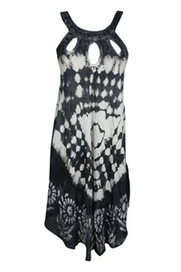 Black Tie Dye Tank Dress Round Neck Floral Embroidered Gypsy Hippy Chic Dresses