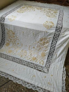 Vintage tolle Leinen Spitze bestickt Tischdecke oder Tagesdecke bestickt - Bild 1 von 18