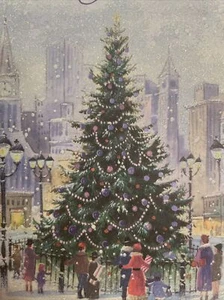 Vtg Unused Christmas Card Heavy Glitter City Street Tree Shoppers W/Env PRETTY! - Picture 1 of 9