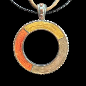 Kenneth Cole Signed Circle Ring Pendant On Triple Strand Necklace Seed Bead Cord - Picture 1 of 7