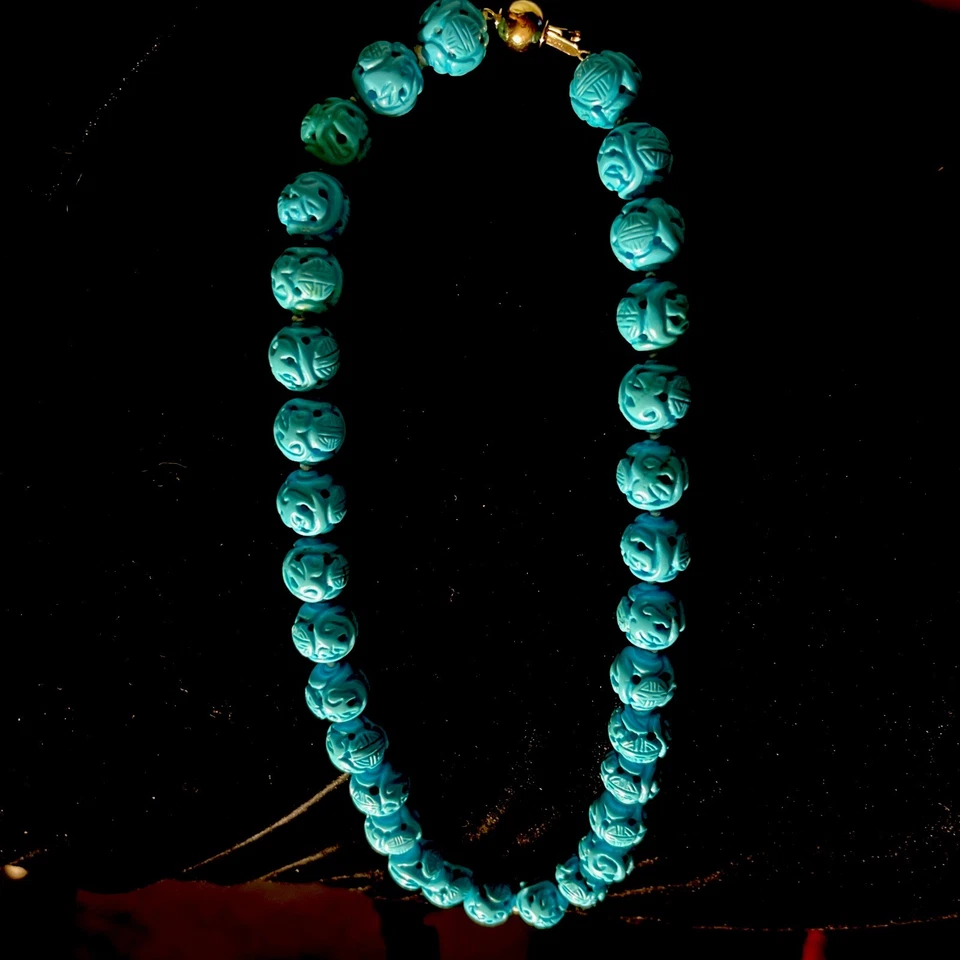 Collar Shou Turquesa Tallada China Estate 18" Cierre 14kt Foto 1 de 4