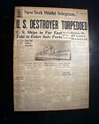 USS KEARNY Incident 1st U.S. Destroyer Attack Torpedoed by U-BOAT 1941 Newpsaper