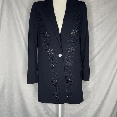 Chaqueta Blazer Negra Lana Escada Floral Ojales Recortados Talla 36 EE. UU. 6 Foto 1 de 4