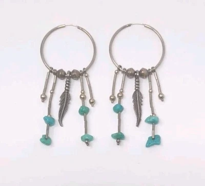 Sterling Silver Hoop Earrings Feather and Turquoise Stones 2 1/2" Long - Image 1 of 4