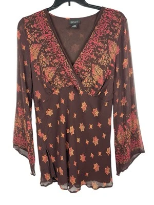 VTG Y2K 2000s Brown Red Boho Silk Flounce Sleeve Vneck Babydoll Sheer Top 18/20 - Image 1 of 4
