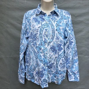 Lauren Ralph Lauren Coastal Blue White Shirt Top Blouse Sz M Button Front Vacay - Picture 1 of 4
