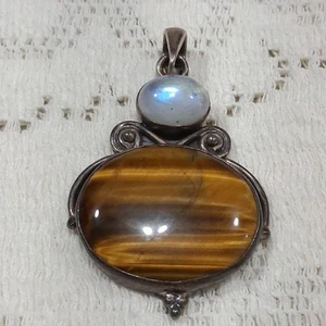 Colgante ovalado vintage de plata 925 ojo de tigre real y piedras preciosas de luna boho hippie - Imagen 1 de 16