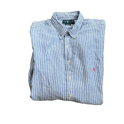 Ralph Lauren 100% Linen Shirt Men 2XL TALL Classic Fit Blue Stripe L/S Pink Pony - Image 1 of 4