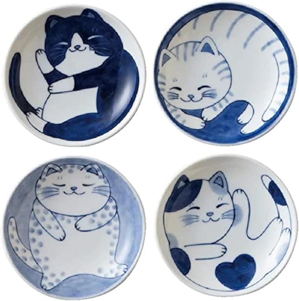 MINO WARE Juego de Platos Pequeños Japoneses Cerámica Lindo Diseño Gatos ys/m, Blanco/Azul  Foto 1 de 4