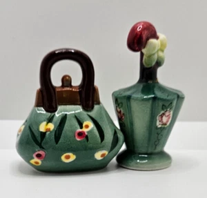 Vintage Carpet Bag & Umbrella Ceramic Salt & Pepper Shakers Green Floral Japan - Imagen 1 de 4