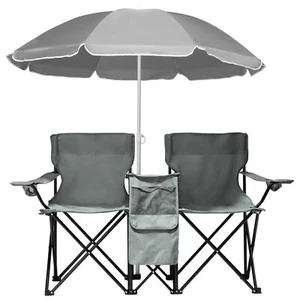 Double Portable Folding Picnic Chair w/Umbrella Table Cooler Beach Camping Chair - Picture 1 of 8