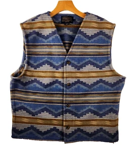 Pendleton Mens L Southwestern Aztec Vest Virgin Wool Blue Brown Chevron - Picture 1 of 9