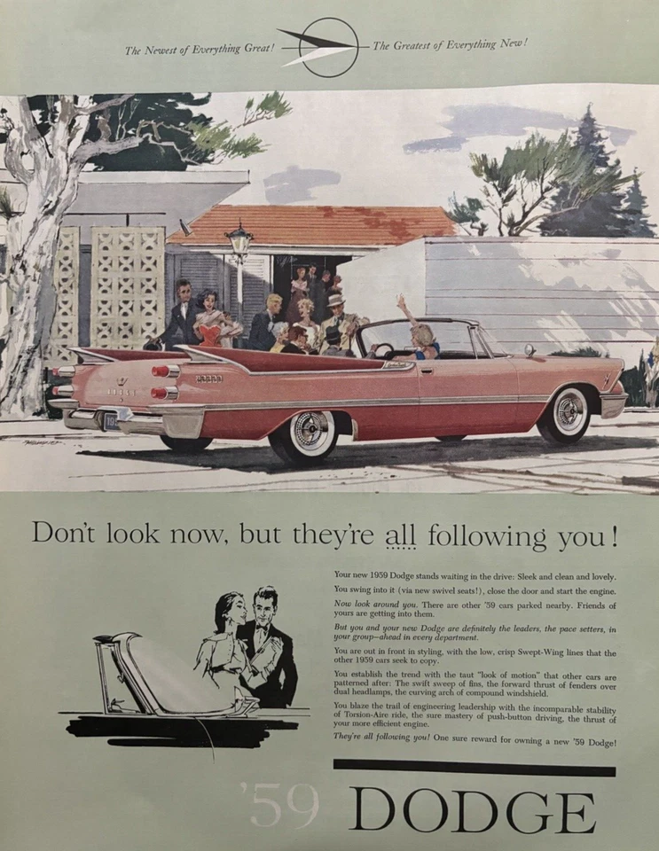 Dodge Automobile 1959 elegante precioso siguiendo gran anuncio impreso rosa vintage nuevo Foto 1 de 1