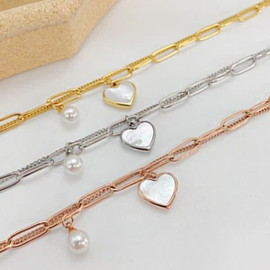 Damen Doppelarmband mit Anhänger Herz Perlmutt Edelstahl Perle Armkette Amrband - Bild 1 von 7