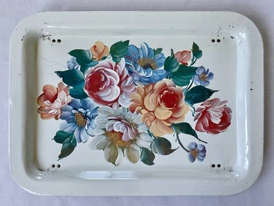 Vintage Metal Bed Tray Table Floral Folding Legs Breakfast Serving MCM GUC - Image 1 of 4