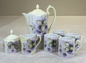 Nippon? Hand Painted Blackberries Tea/Chocolate Set Teapot 4 Cups Creamer Sugar - Picture 1 of 23