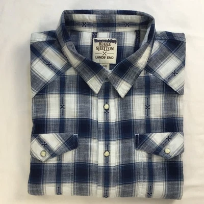 Lands End Mens Western Shirt 2XL Blue White Plaid Blake Shelton Pearl Snap Twill - Image 1 of 4