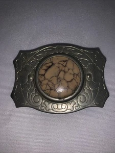 Fibbia per cintura vintage in agata marmo crepato tono argento con cavallo sul retro - Foto 1 di 7
