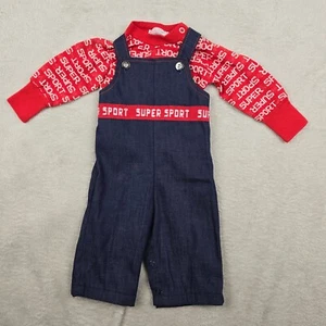 Vintage Baby Overalls Outfit Boys 6 Months Jumper USA 70s Sport Blue Red Retro - Picture 1 of 9
