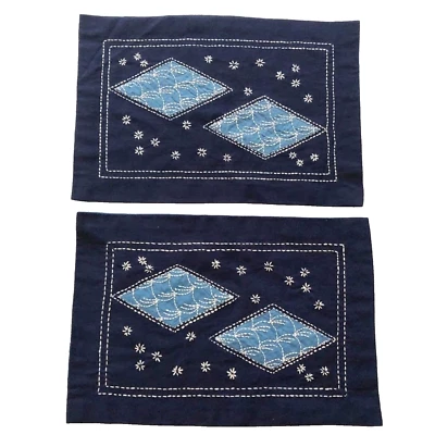 Set 2 Handmade Embroidered Placemats Geometric Diamond Shapes Blue White Navy - Image 1 of 4