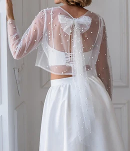 Wedding Dress Topper Jacket for Bride White Ivory Lace Pearl Long Sleeves - Picture 1 of 10