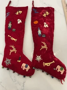 Vintage Red Velvet CHRISTMAS STOCKING Pair Decorated - Picture 1 of 5