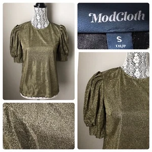 Modcloth Metallic Gold Top S Puff Sleeve Shoulder - Picture 1 of 9