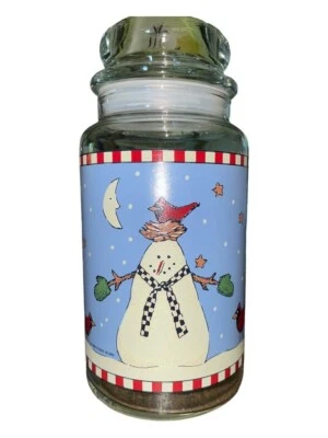 Christmas Canister Debbie Mumm Snowmen Vintage 1998 - 8 1/2" Tall Glass w/Lid - Image 1 of 4