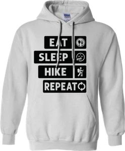 EAT SLEEP HIKE REPEAT HOODIE WALKING CLIMBING CAMPING TRIPS TOUR OUTDOOR GIFTS - Picture 1 of 16