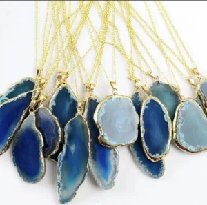 HEALING STONE AGATE PENDANT NECKLESS~GOLD PLATED~NATURAL STONE~COLOR ~BLUE - Picture 1 of 3