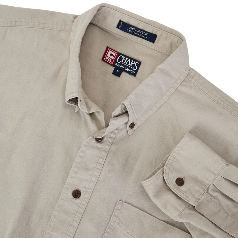 Vtg 90s Chaps Ralph Lauren Mens L Button down Shirt Khaki Pocket Crest Logo CRL - Image 1 of 4