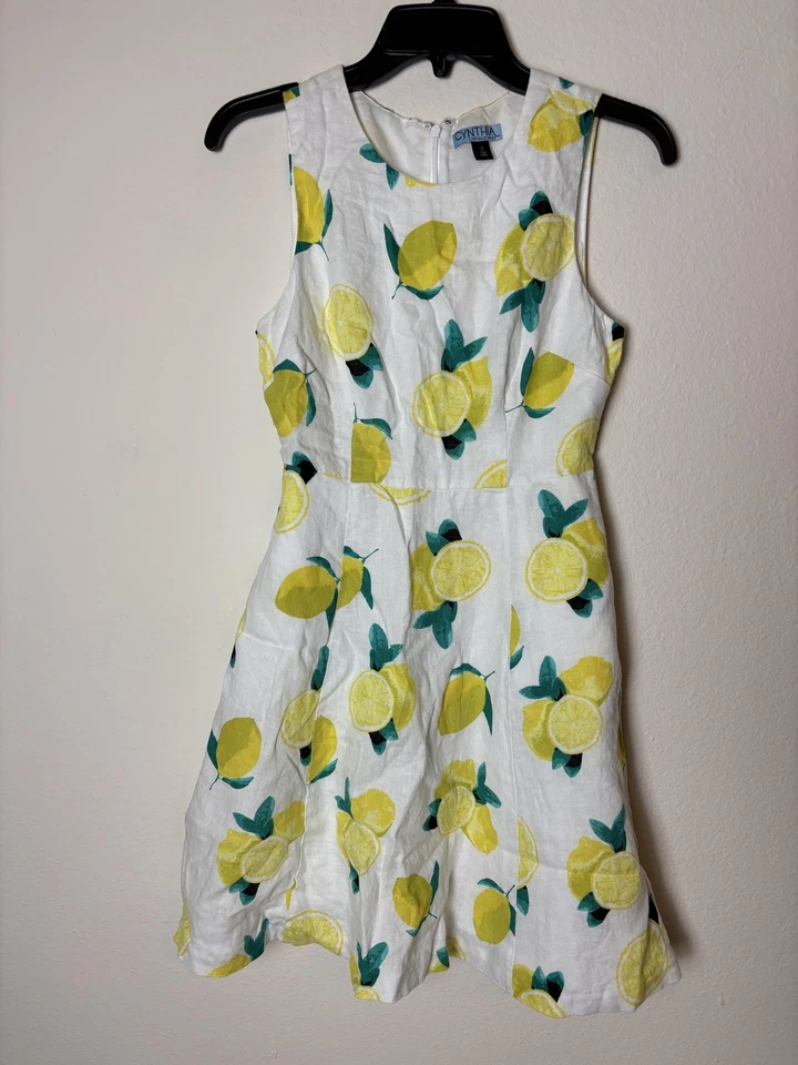 Cynthia Rowley 100% Lino Talla 2 Estampado Limón Sin Mangas Ajuste Acampanado Verano Informal Foto 1 de 4