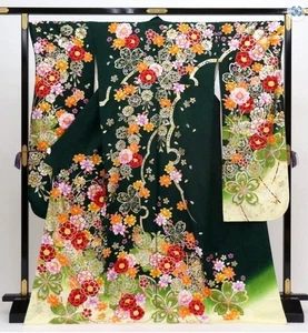 Japanese  kimono SILK"FURISODE" Plants,GLD leaf,Deep GREEN,L size,L5'6.5"..4646 - Picture 1 of 13