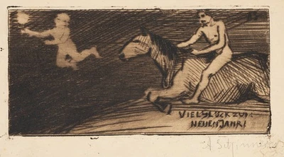 A. SCHINNERER (*1876), Neujahrsgruß, um 1910, Radierung Realismus Mythologie - Bild 1 von 4