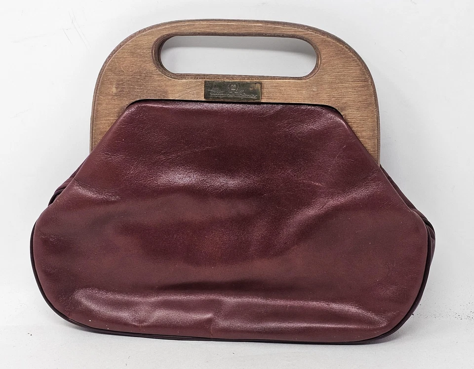 Bolso de mano vintage Etienne Aigner para mujer de cuero borgoña con mango de madera años 70 Foto 1 de 4