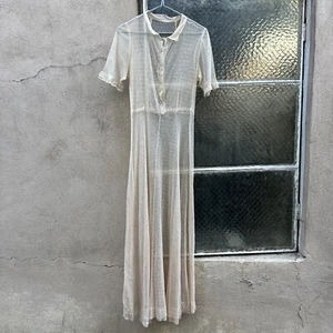 Vintage 1930s Cream Net Dress Maxi Puff Short Sleeves Glass Buttons Swiss Dot - Picture 1 of 19