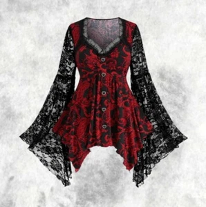 Nueva Blusa Top Manga Encaje Acampanada Gótica Cachemira Negra y Roja Talla 4XL 24 26 28 - Imagen 1 de 6