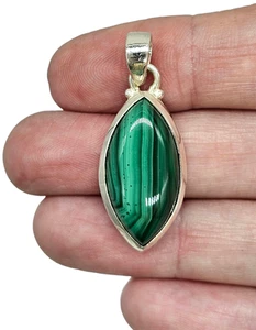 Malachite Pendant, Marquise Shape, Sterling Silver, Rich Green Gemstone, Bezel - Picture 1 of 7