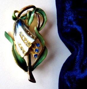 Coro Brosche Anstecknadel signiert Blume Emaille Strass goldfarben - Bild 1 von 14