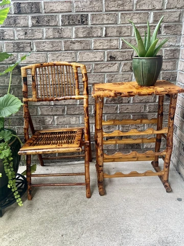 Vintage Tortoise Bamboo Folding Chair And Wine Rack Table Cover