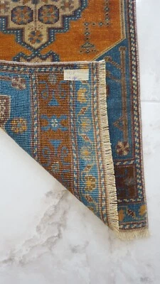 Antique Prayer Rug Blue Medium Handmade Sheep Wool Rug Free Shipping Rug - Image 1 of 4