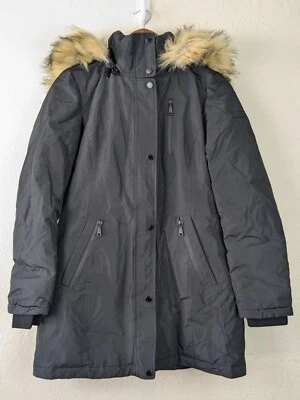 Abrigo de invierno para mujer Tahari talla S Chaqueta parka rellena negra con capucha forrada de piel para exteriores Foto 1 de 4