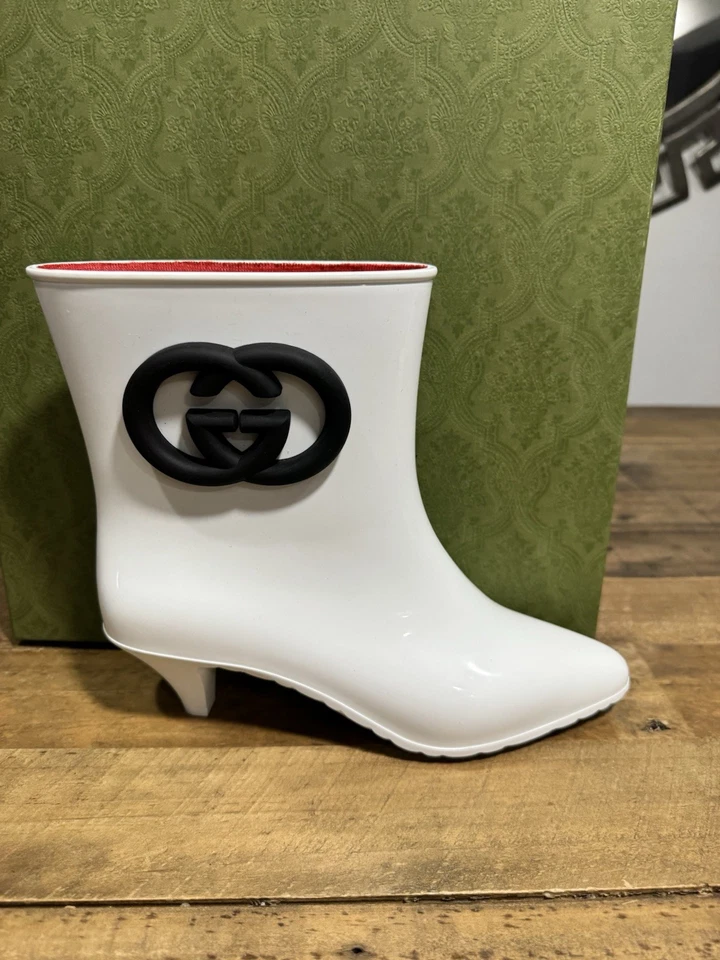 Gucci Mujer Goma Tobillo Lluvia Bota con Enclavamiento G Blanco Negro 39 Foto 1 de 4