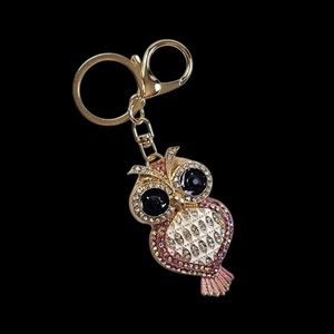 Betsey Johnson Pink & Diamond Rhinestone Owl Bag Swag Bling Keychain Clip Charm - Picture 1 of 2