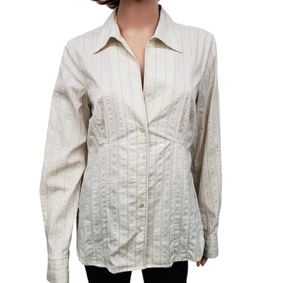 Tommy Bahama Top 女式 M 8-10 条纹金色纹理纽扣衬衫面霜  — 第 1/4 张图片