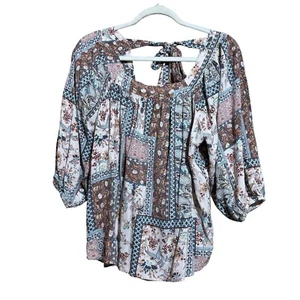 Savanna Jane Top Womens Large Multicolor Boho Artsy Print Square Neck Blouse - Picture 1 of 9