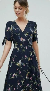 Oasis Navy Frill Midi Wrap Floral Bouquet Bird Dress 14 RARE Was £55 VGC - Picture 1 of 17