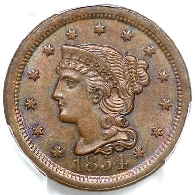 1854 N-10 R-2+ PCGS MS 65 BN CAC Braided Hair Large Cent Coin 1c - Image 1 of 3